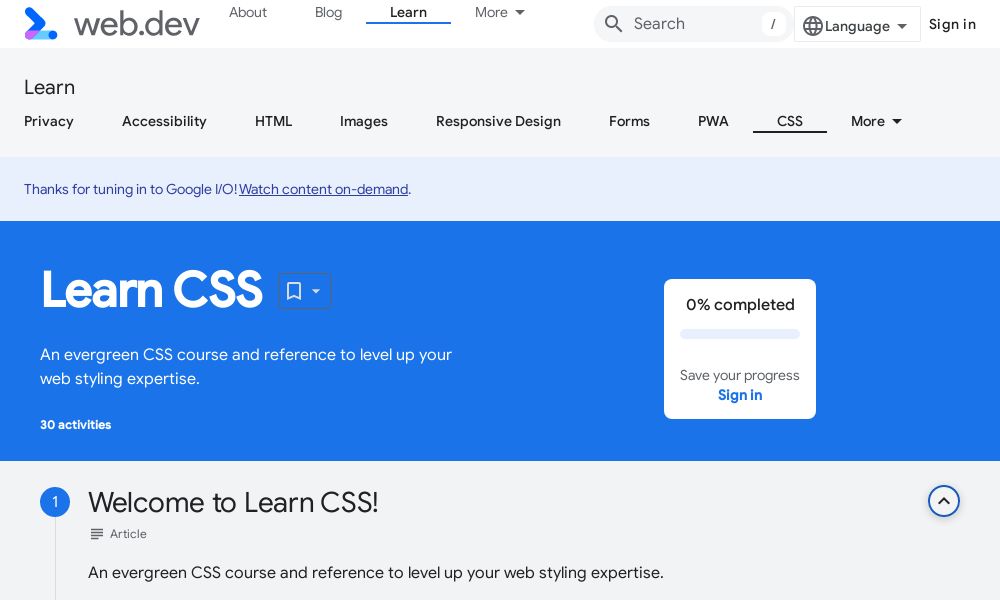 Screenshot of web.dev "Learn CSS"
